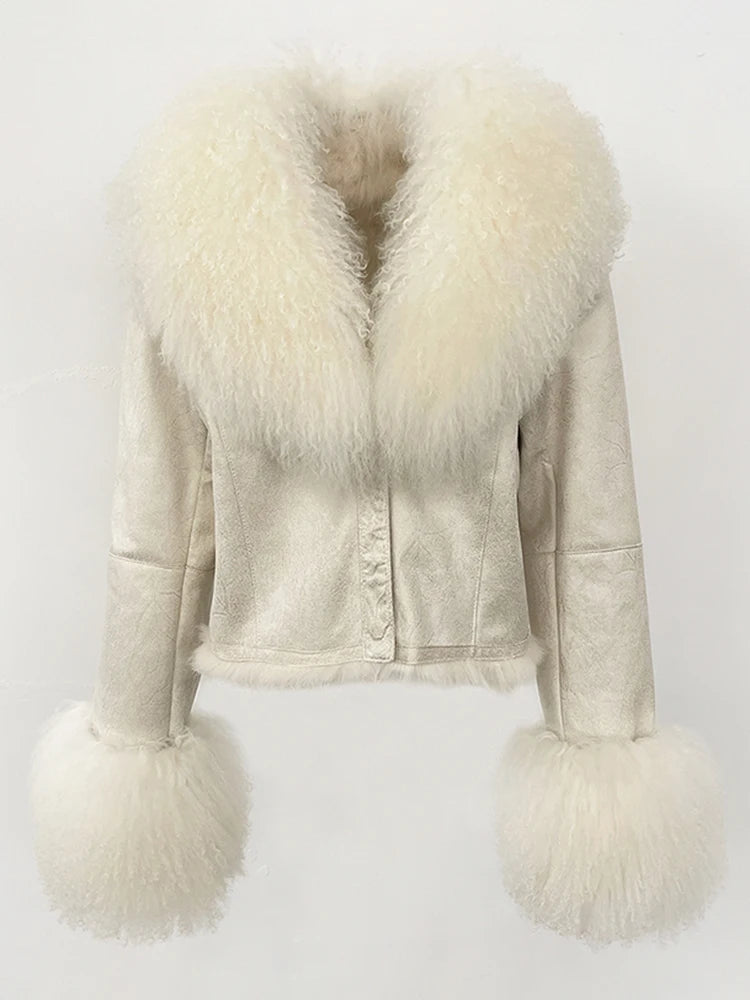 Cream suede wool coat with fluffy cream fur collar and fur-trimmed cuffs