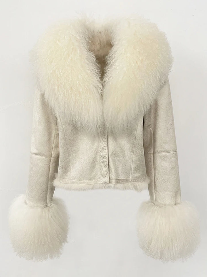 Cream suede wool coat with fluffy cream fur collar and fur-trimmed cuffs