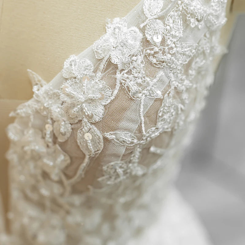 Robes de mariée classiques pour femmes, bretelles spaghetti, fermeture éclair, dentelle, coupe trapèze, col en V, robes de mariée QW01836