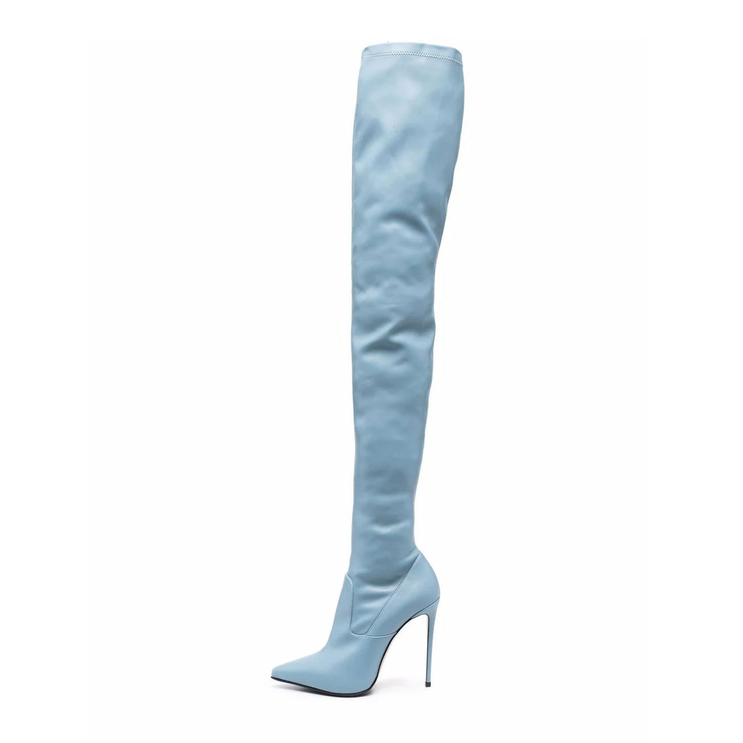 Light blue knee-high skinny heel boots with pointed toe