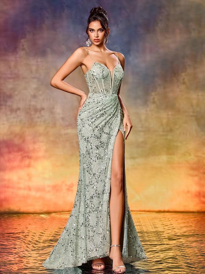 Glamorous Mint Green Sequins Prom Dress