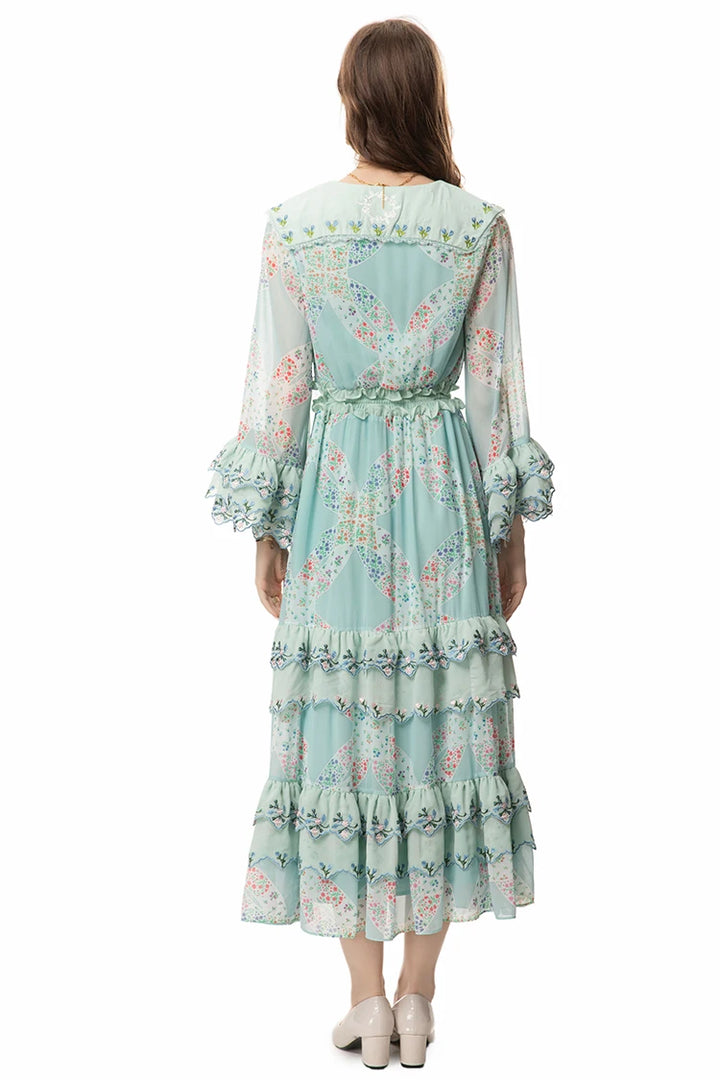 Cascading Ruffle Embroidery Dress