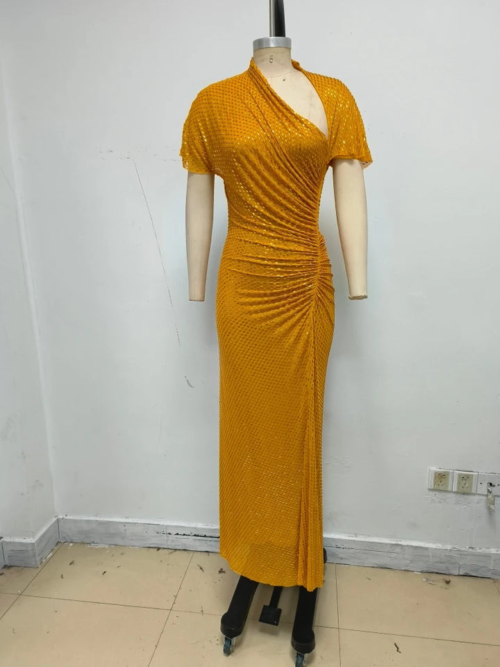 Stylish Asymmetrical Pleated Collar Gown