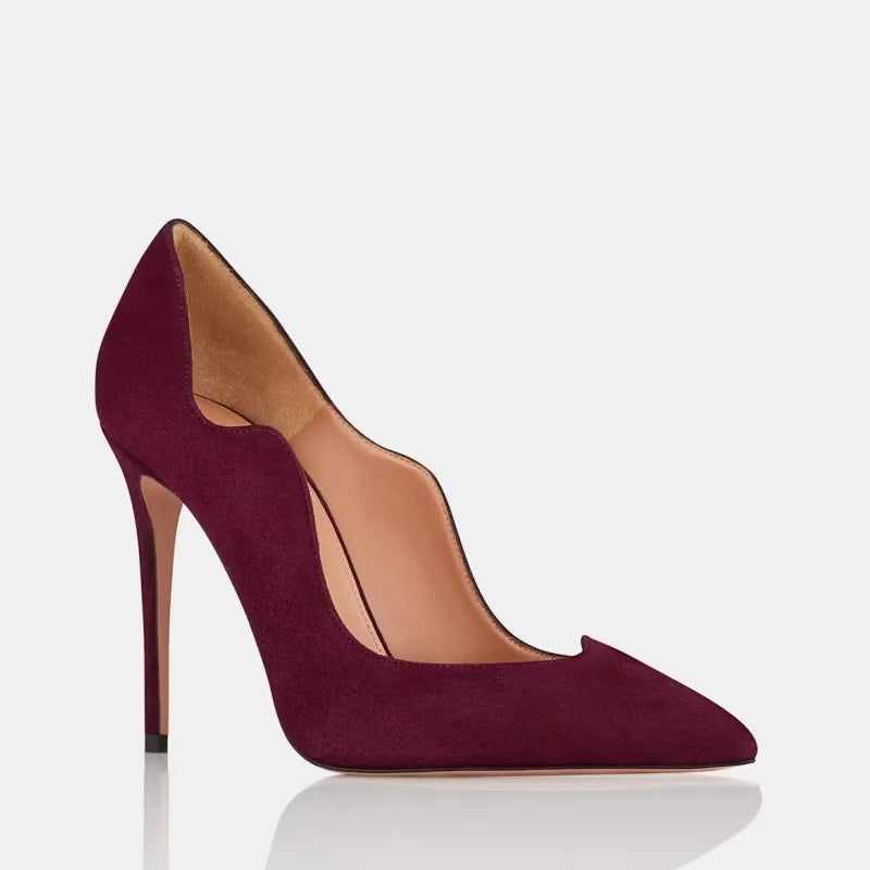 Women’s high heel pumps, pointed toe, burgundy leather with slim metal heel