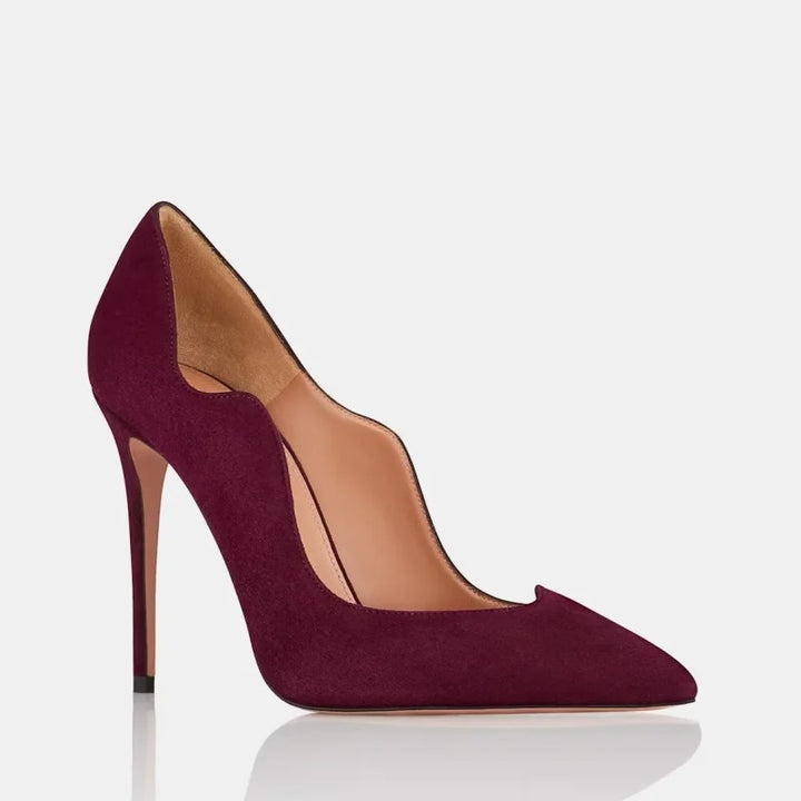 Women’s high heel pumps, pointed toe, burgundy leather with slim metal heel