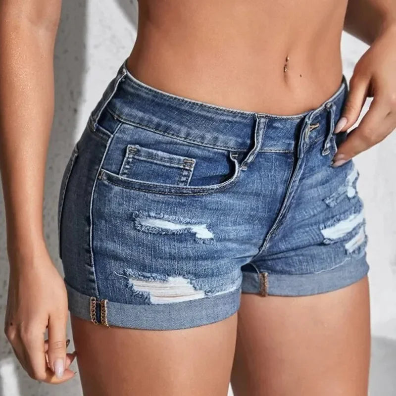 Stylish Curled Cuff Denim Shorts