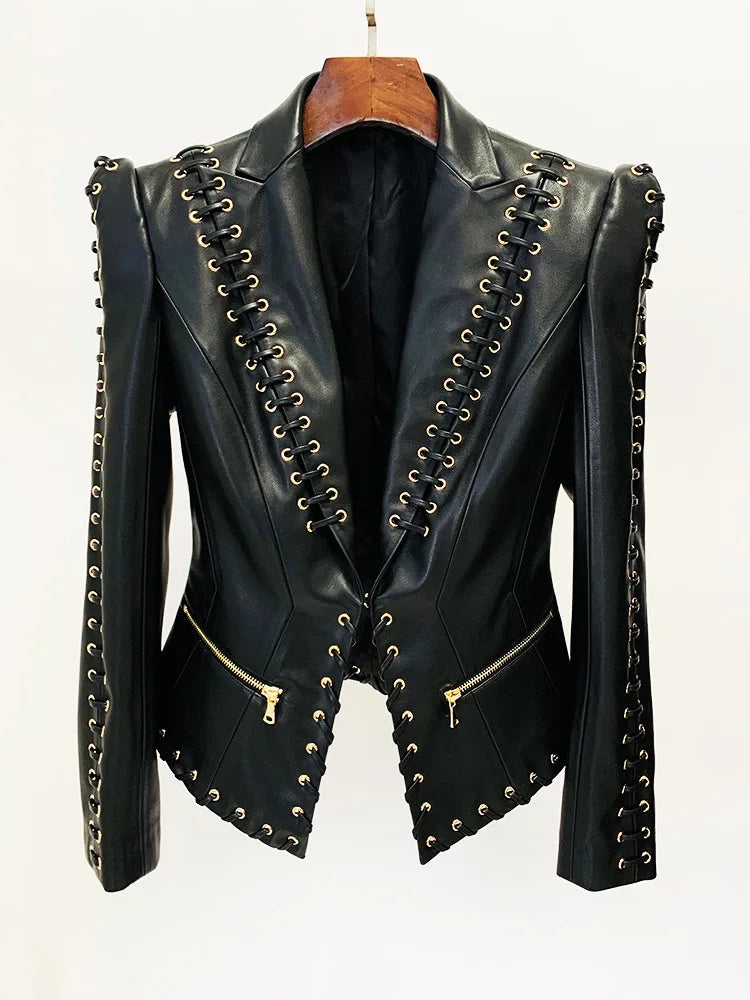 Black leather slim-fit blazer with deep V front, gold eyelet lace-up details and cuffs