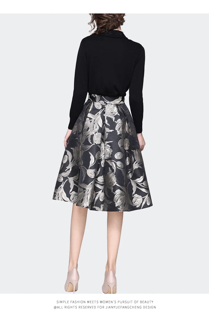 Classic Grey Floral Mid-Length Skirt