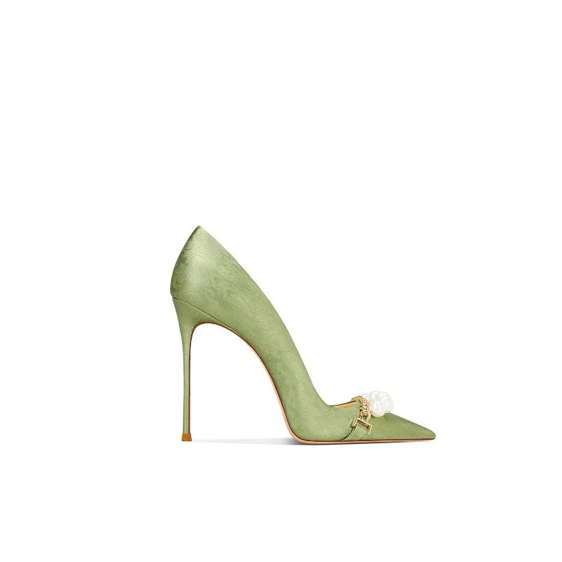 Beautiful Grass Green Satin High Heels