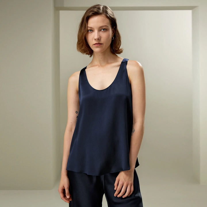 Women’s silk relaxed tank top, navy blue, sleeveless scoop neck with relaxed fit