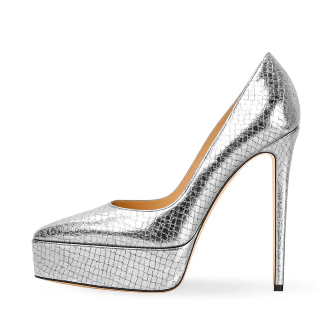 Women’s high-heel pump shoe in silver textured leather, platform sole, stiletto heel