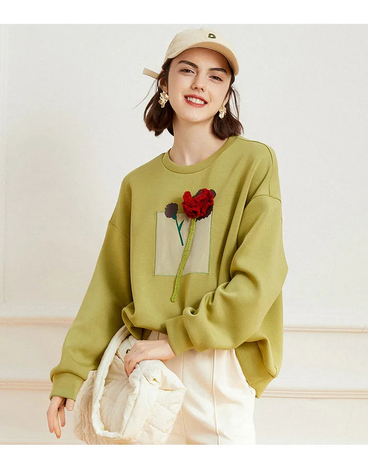 Drop Shoulder 3D Flower Sweatshirt