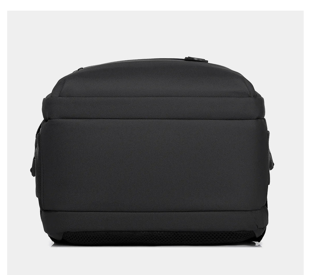 Black travel laptop backpack bottom view with textured base