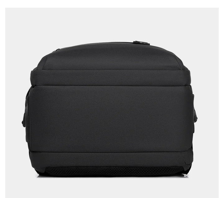 Black travel laptop backpack bottom view with textured base