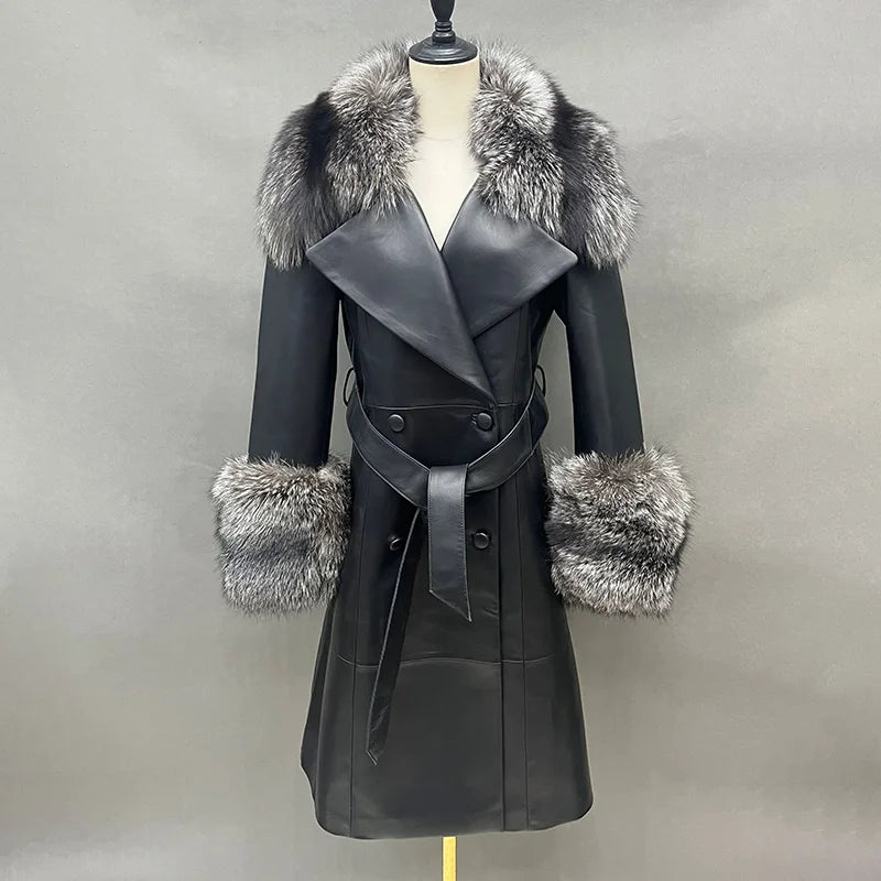 Fur Collar & Cuff Women's Genuine Leather Trench Coats