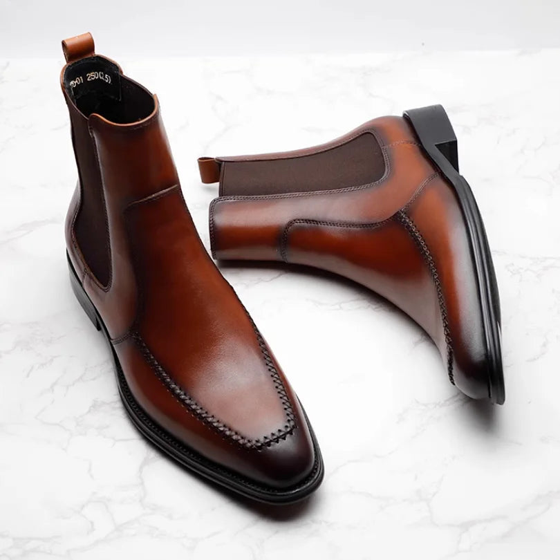 British Pointed Toe Cowhide Leather Chelsea Boots