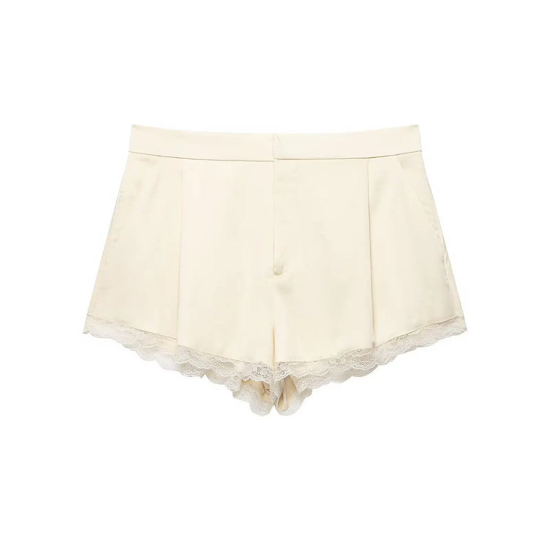Trendy Satin Lace Trim Loose Shorts