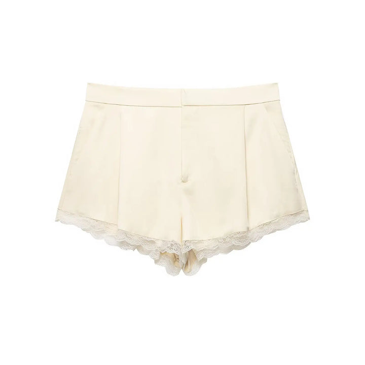Trendy Satin Lace Trim Loose Shorts