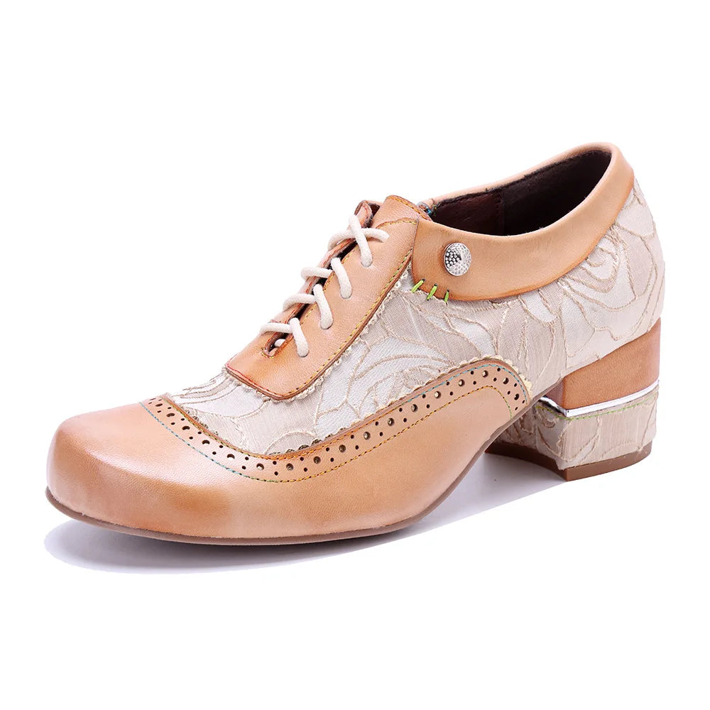 Women's light khaki/beige genuine leather lace-up heel shoes with patterned panels and brogue perforations