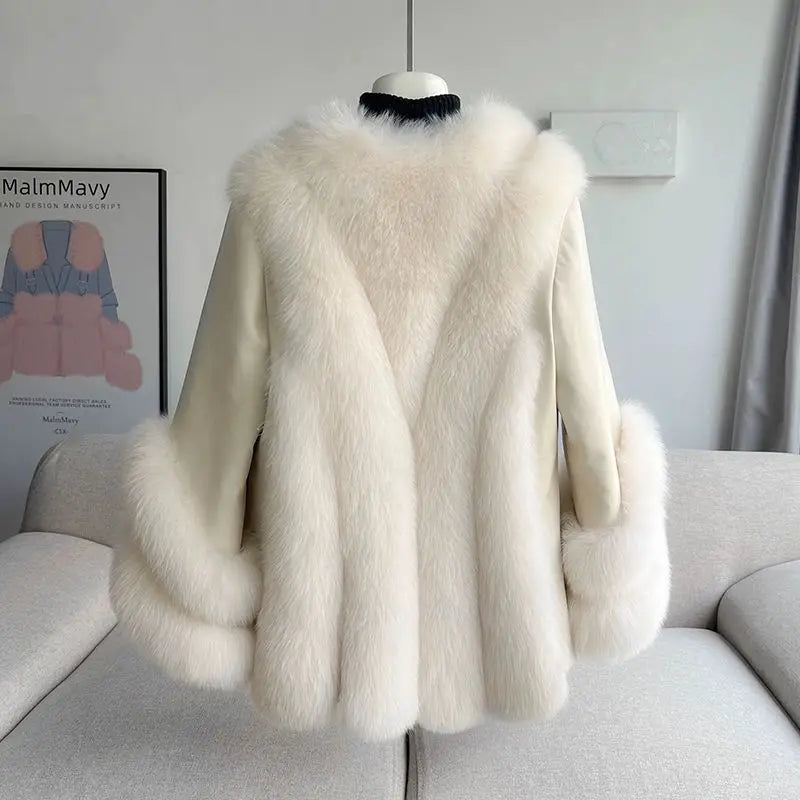 Women’s faux fur warm leather jacket in white with relaxed fit and wide shoulder shape