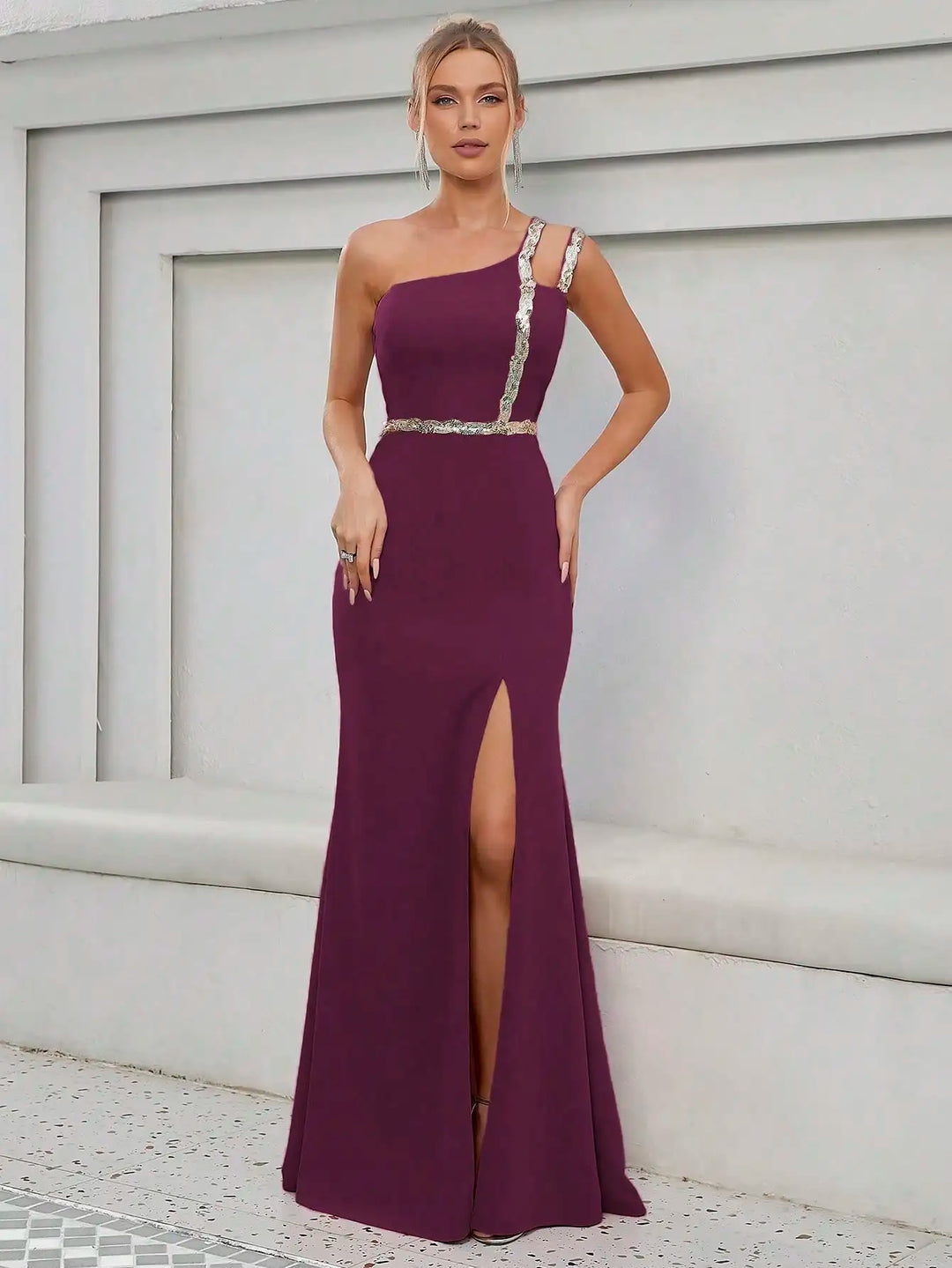 Radiant Sequins Ribbon Side Slit Gown