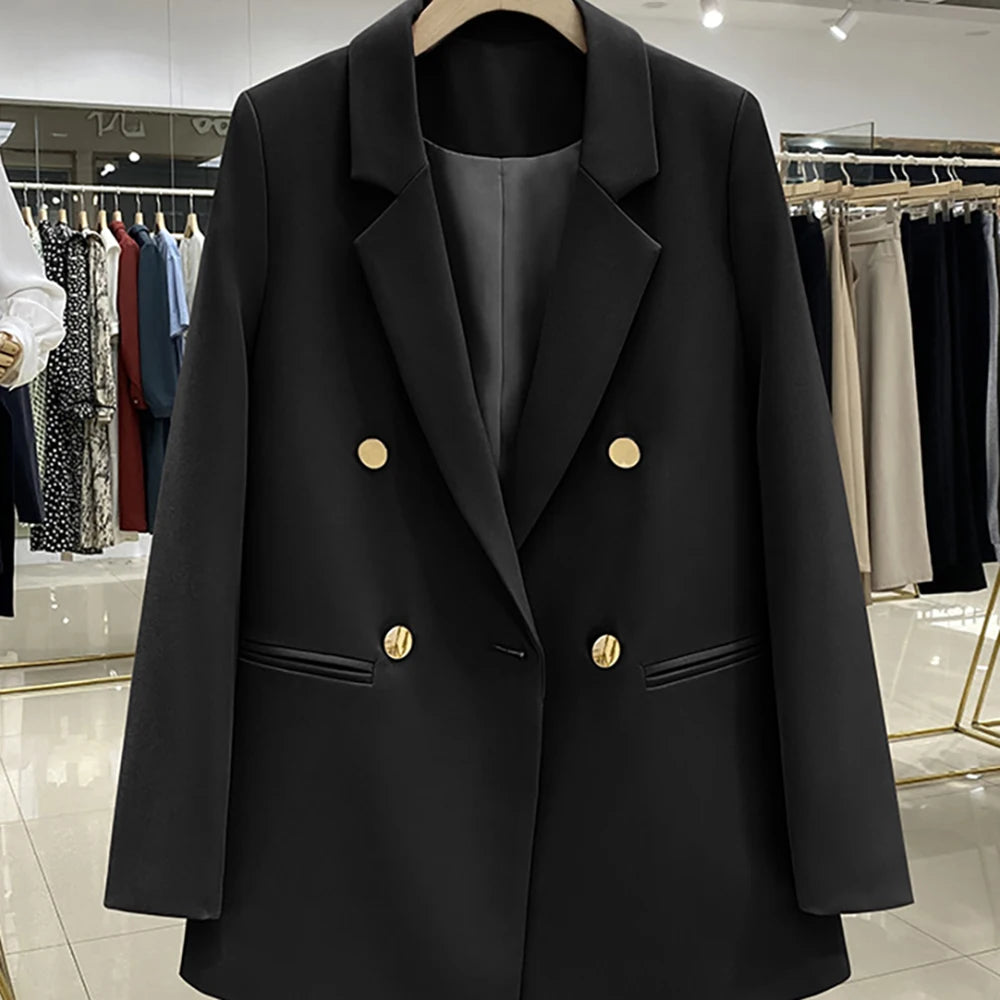 Black double-breasted blazer with notched turn-down collar and gold-tone buttons