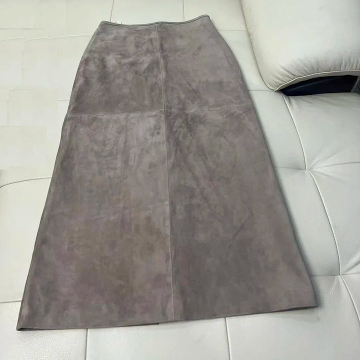 Women’s suede maxi skirt in gray with clean A-line shape and center seam