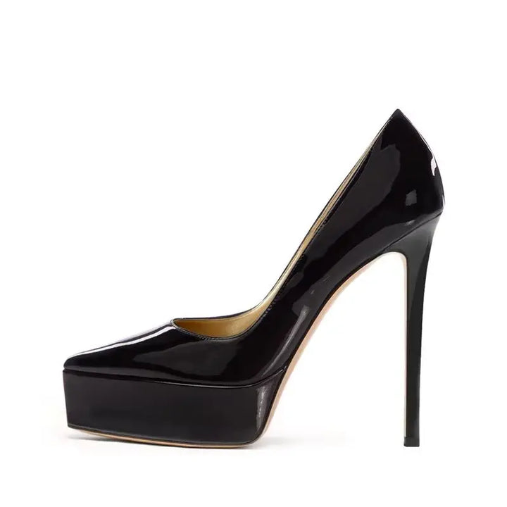 Black patent leather pointed-toe pumps with high stiletto heel