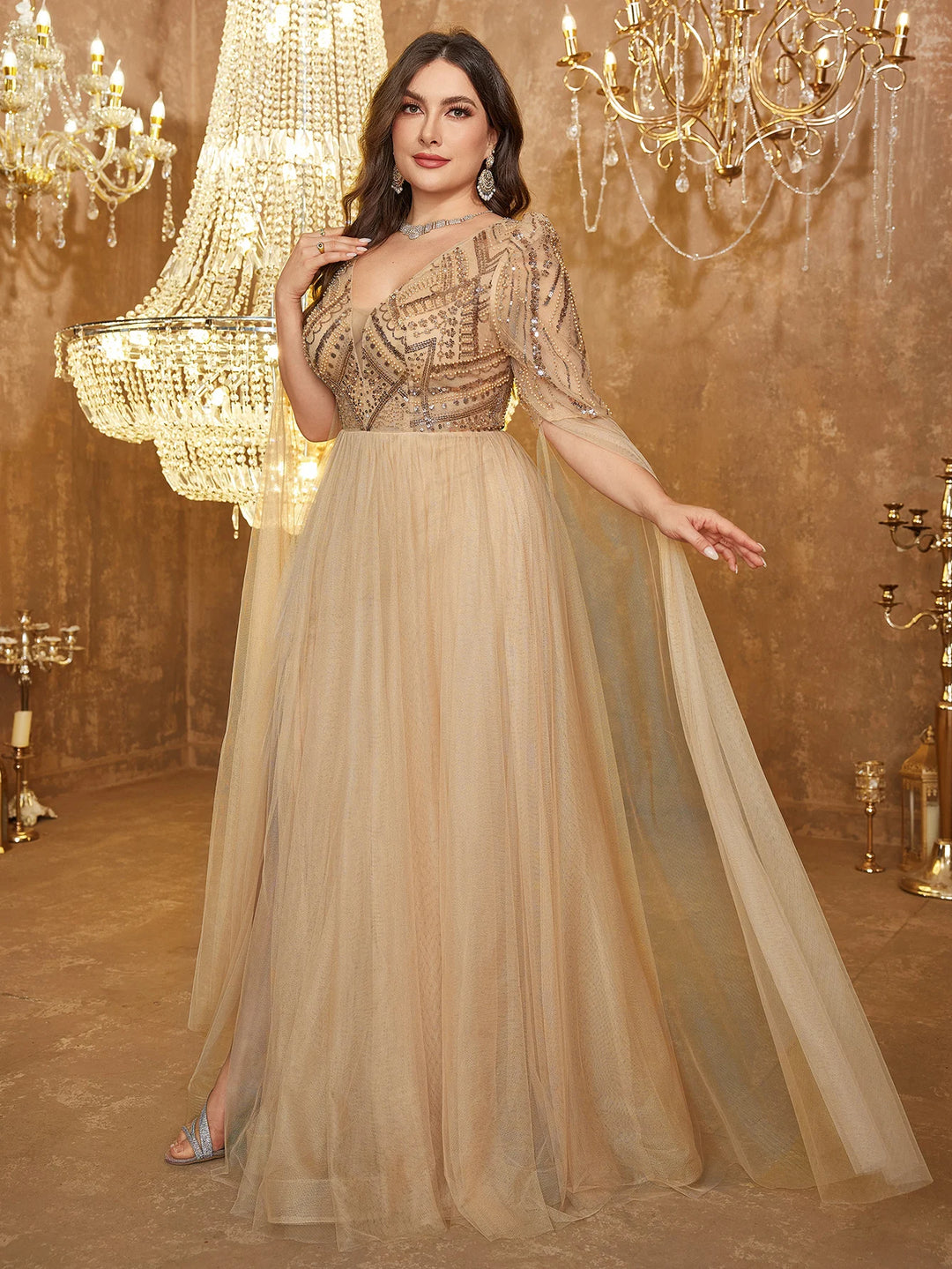 Lovely Mesh Sleeve Evening Dress