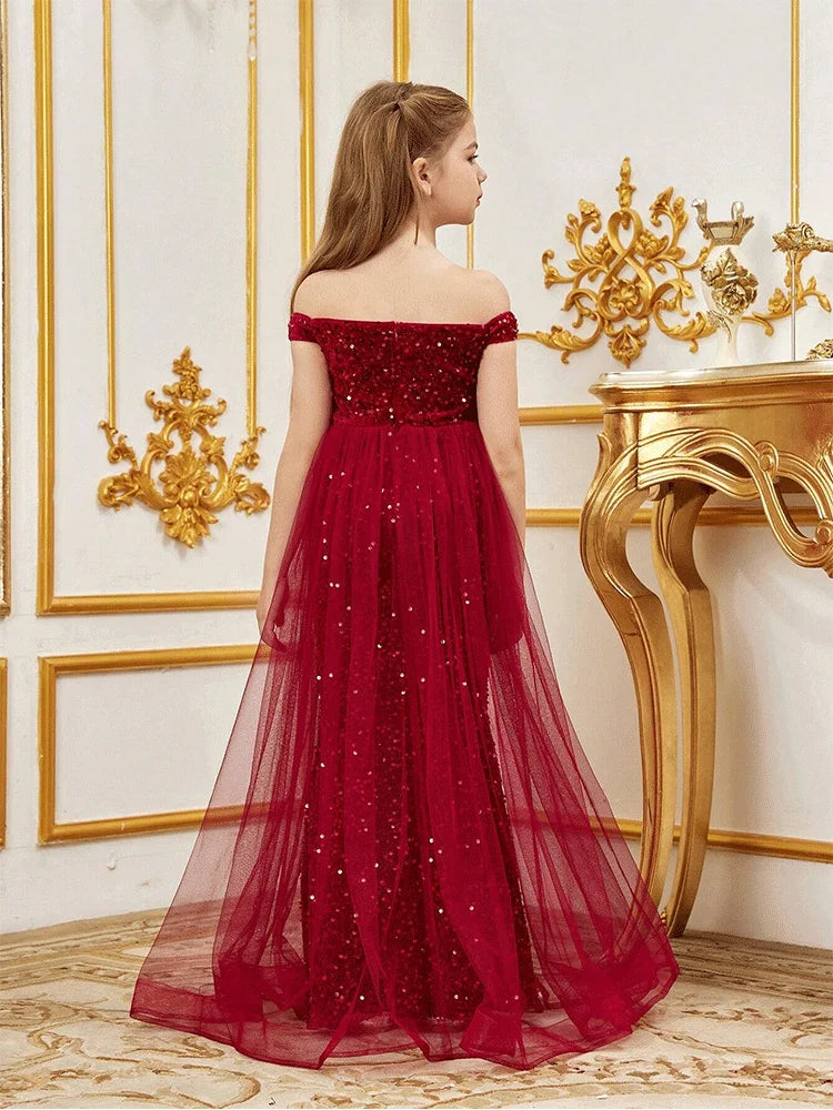 Robe de soirée sans manches en tulle pailleté pour fille