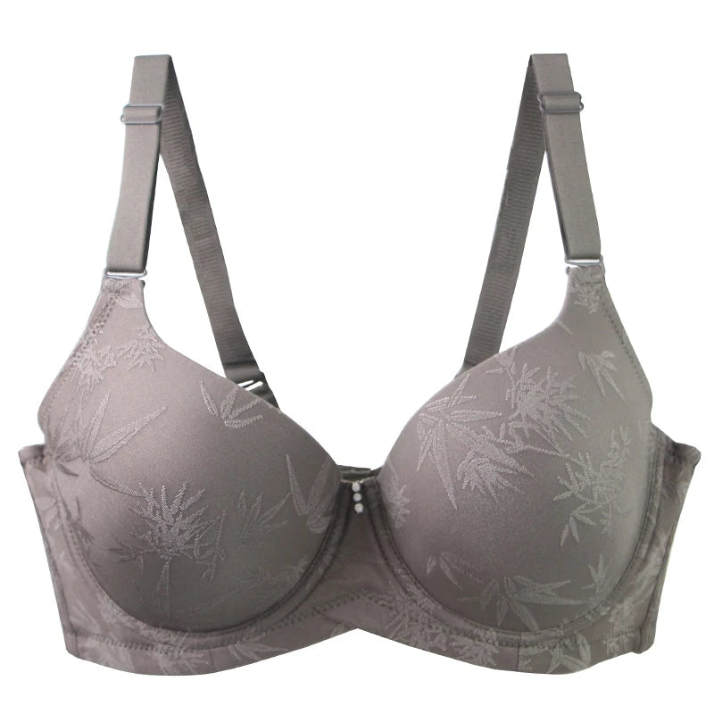 Plus-size full coverage bra, taupe beige with jacquard leaf pattern, underwire, adjustable straps