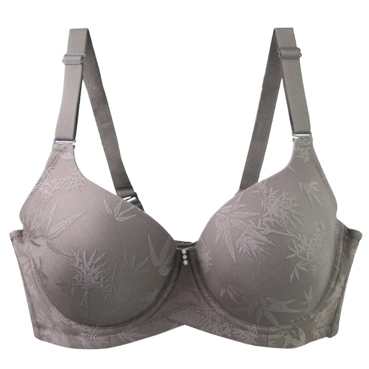 Plus-size full coverage bra, taupe beige with jacquard leaf pattern, underwire, adjustable straps