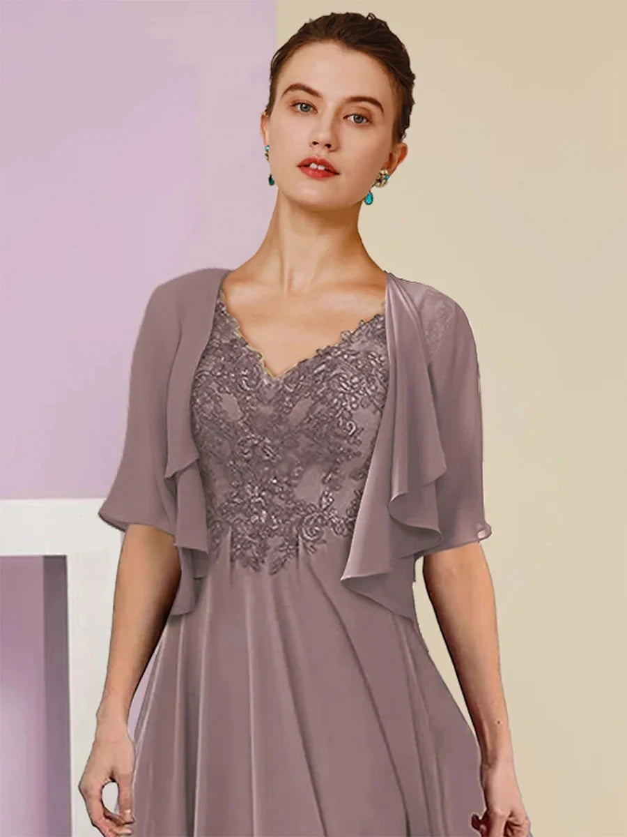 Lavender tea-length chiffon gown with lace V-neck bodice and flutter sleeves