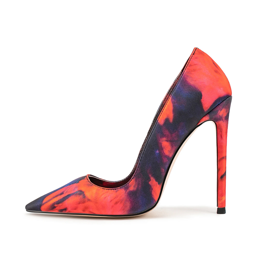 Women’s high heel pump with pointed toe, multicolor patchwork print, red stiletto heel