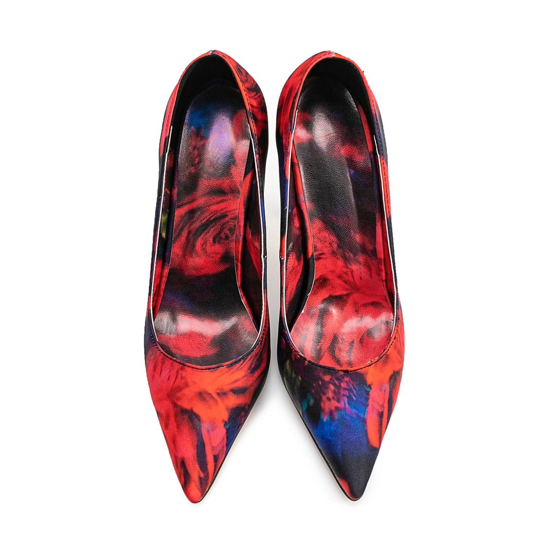 Women’s high heel pumps pair, pointed toe, multicolor patchwork uppers, black insides