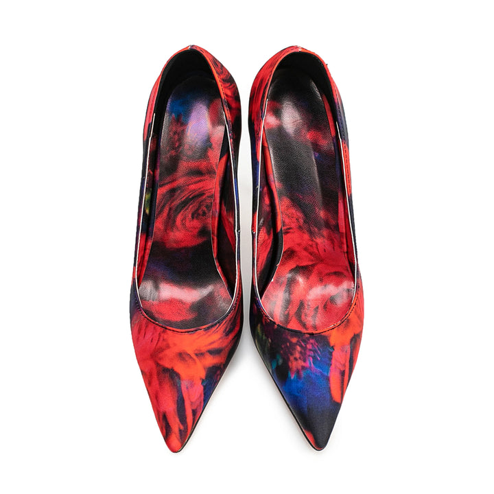 Women’s high heel pumps pair, pointed toe, multicolor patchwork uppers, black insides