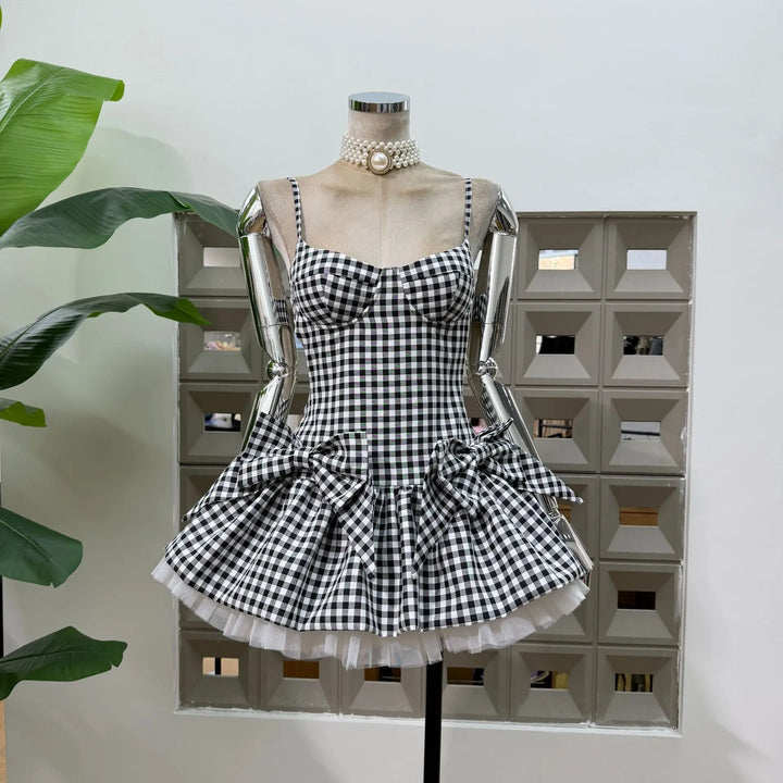 Refined Grid Bows Short Club Dress