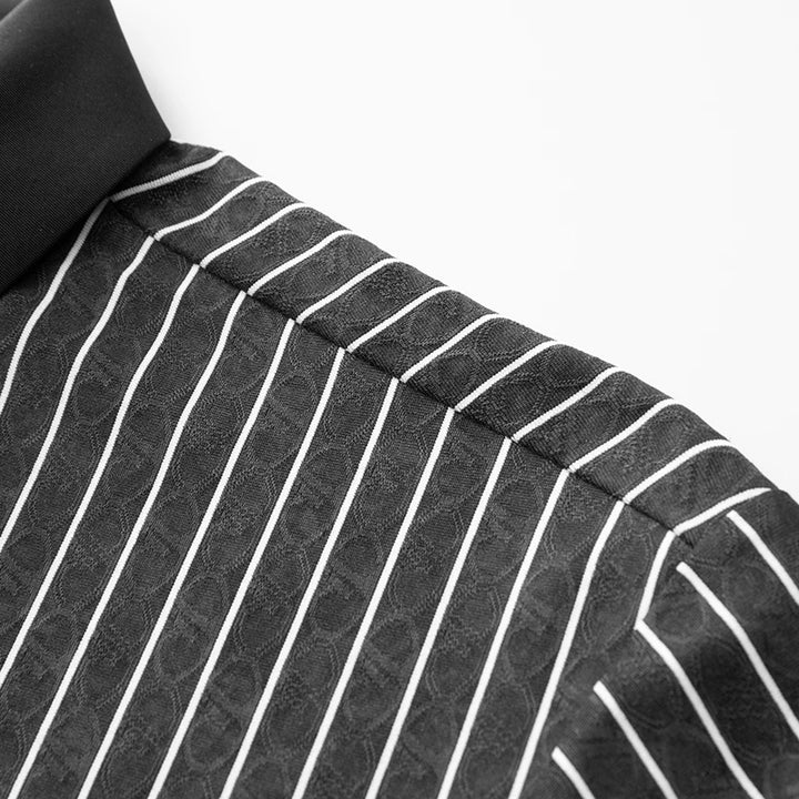 Close-up of dark striped short-sleeve shirt fabric with white vertical pinstripes
