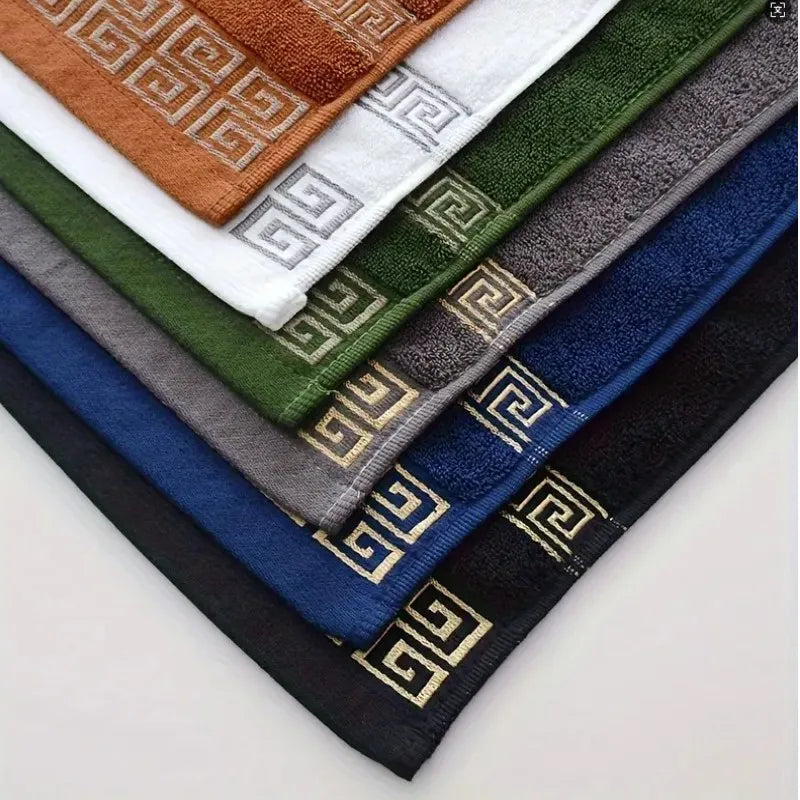 Multi-color bathroom towel set assortment with embroidered Greek key border stripes