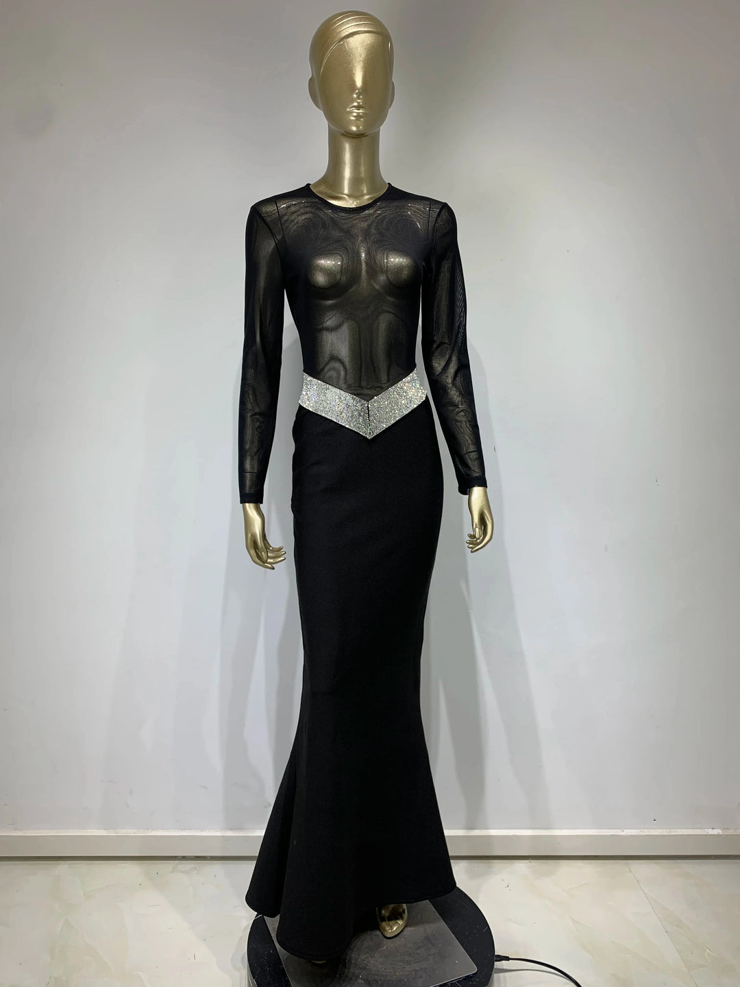 Elegant Turtleneck Mesh Black Maxi Dress