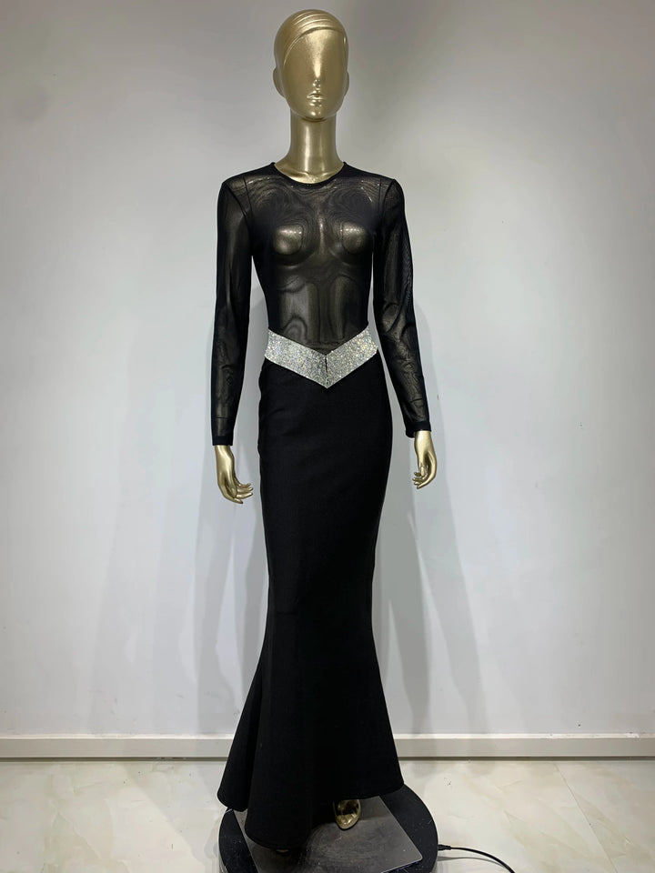 Elegant Turtleneck Mesh Black Maxi Dress