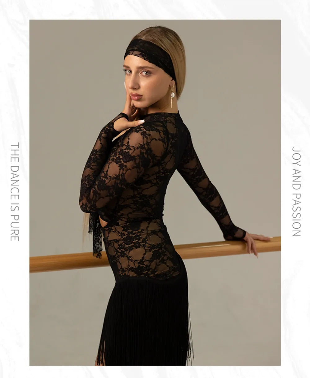 Black lace dance skirt with layered fringe hem and side slit