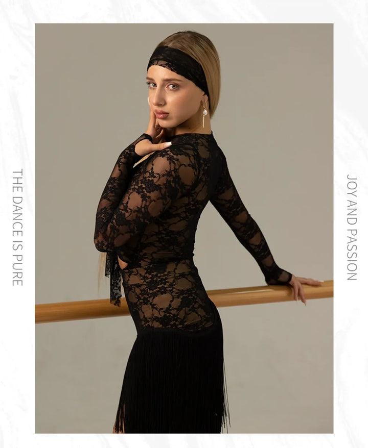 Black lace dance skirt with layered fringe hem and side slit