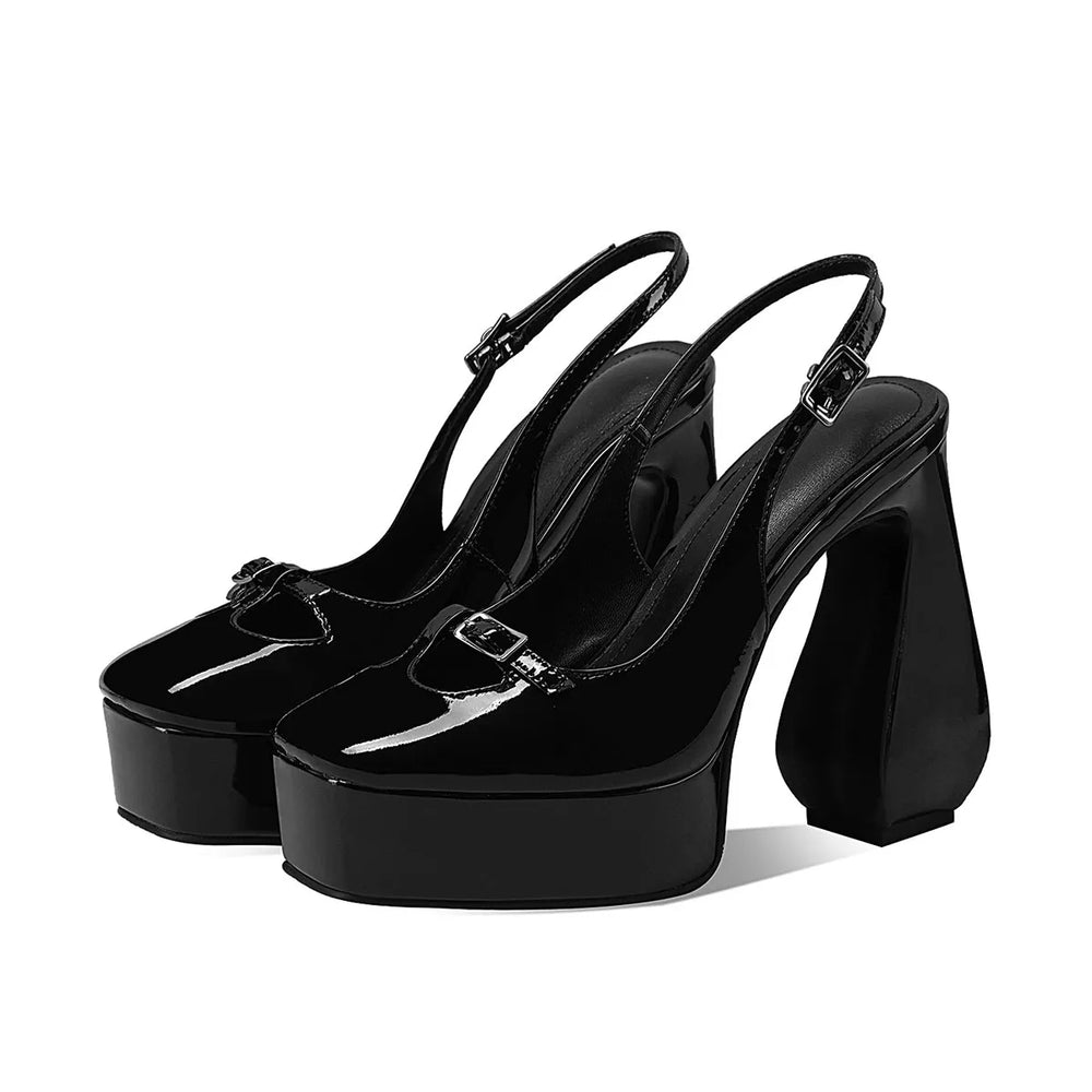 Black square-toe platform heel slingback sandals with buckle strap, front view pair