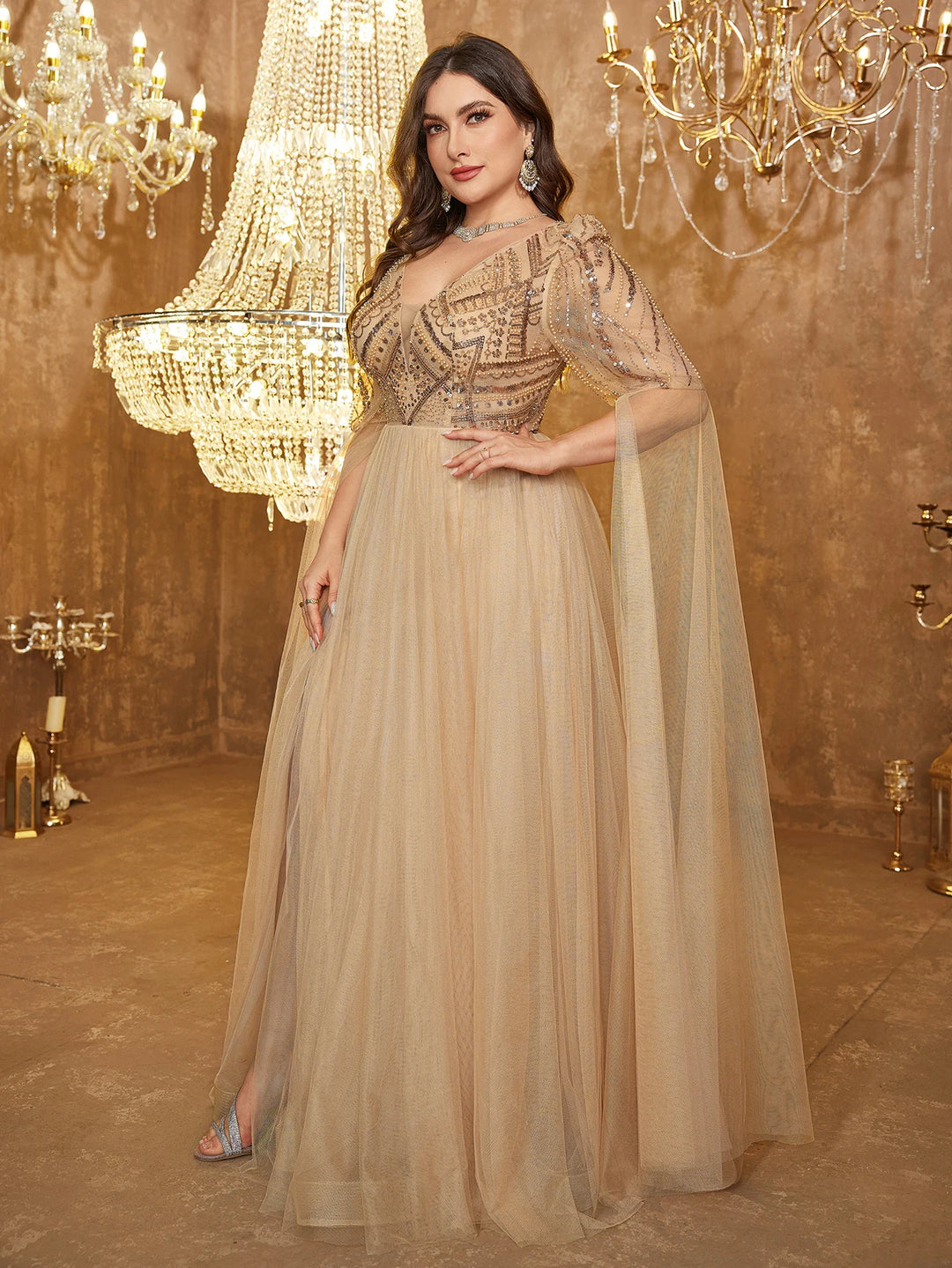 Lovely Mesh Sleeve Evening Dress