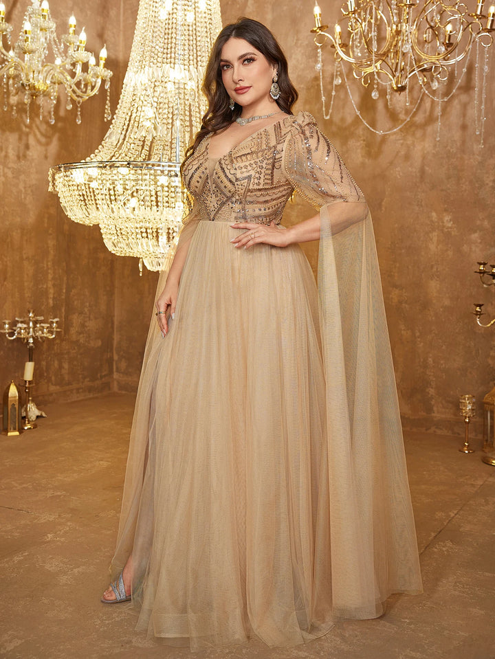 Lovely Mesh Sleeve Evening Dress