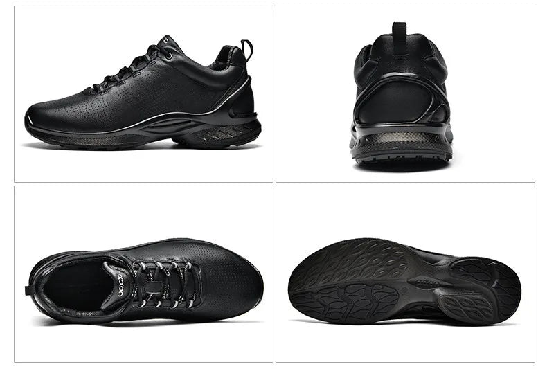 Black men's lace-up athletic shoe set with side, heel, and outsole views