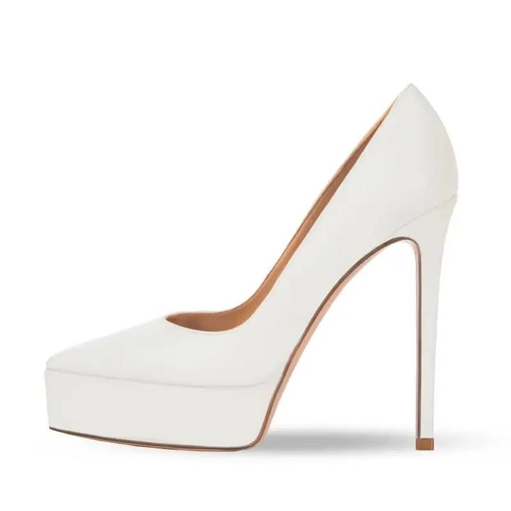 White platform high heel pump with smooth upper and slim ankle silhouette