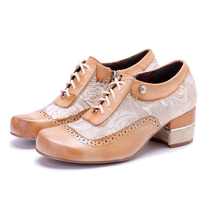 Women’s lace-up heel shoes, light khaki-beige leather with white patterned panels