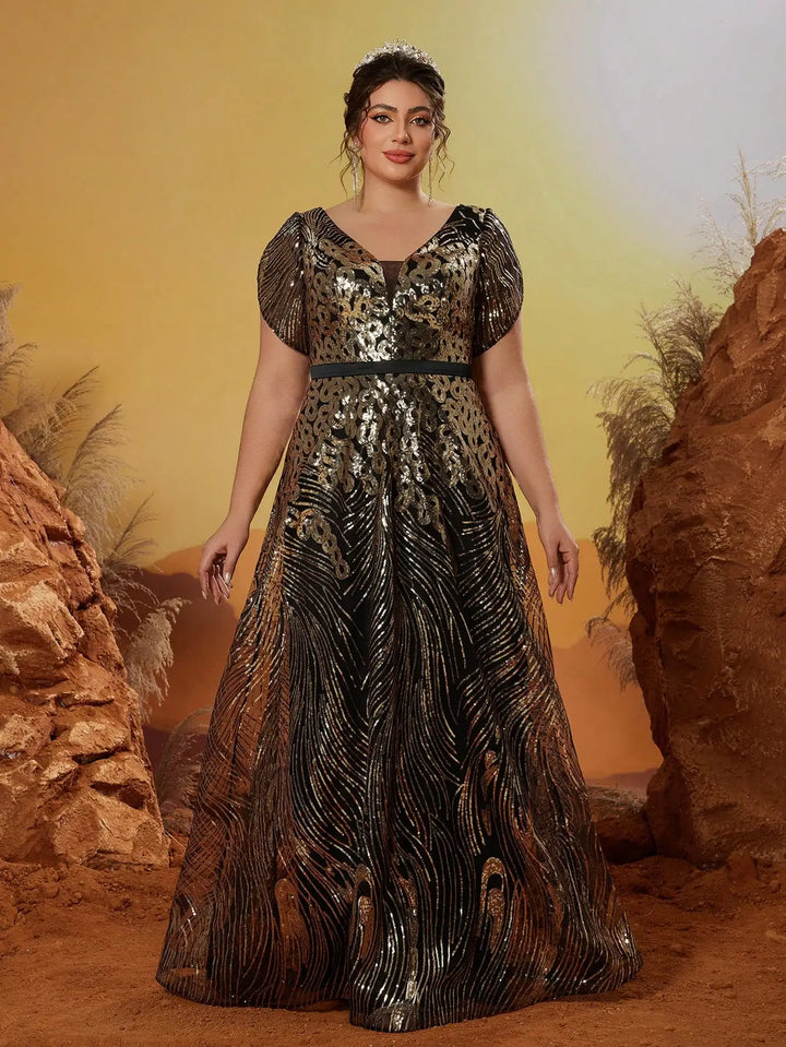 Fancy Sequins Belt Plus Size Evening Dress